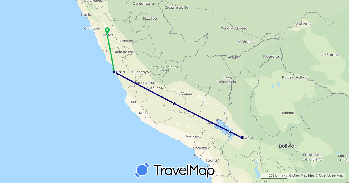 TravelMap itinerary: driving, bus in Bolivia, Peru (South America)